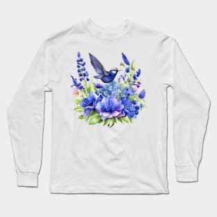 Beautiful Purple and Blue Lavender Flowers Violet Wildflowers garden Floral Pattern. Watercolor Hand Drawn Decoration. Summer Long Sleeve T-Shirt